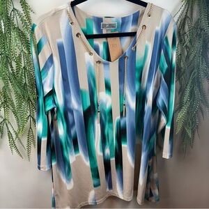 JM Collection. Blouse. Size Large. Blue/ cream/ green.